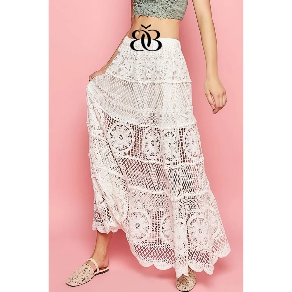 POL Off White Elastic Waist Crochet Flared Maxi Skirt - Picture 9 of 10